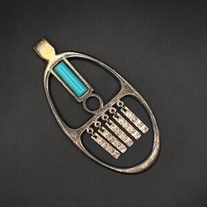 Large Vintage AVON Pendant Faux Turquoise Southwest Oval Antiqued Silver Tone